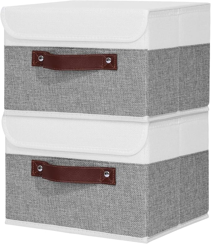 ANMINY Fabric Storage Box Bins with Lids, Gray White, 13"x9"x7.9", 2 Pack | Keepsake Memory Storage, Cotton Linen, PP Board Reinforced, Washable, PU Handles, Foldable & Stackable, Decorative, Medium by ANMINY