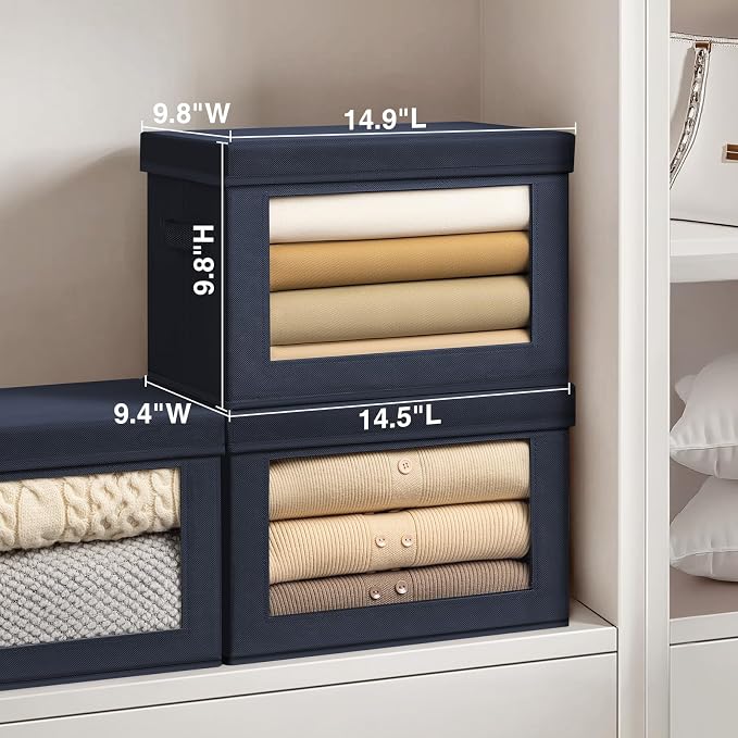 Foldable Storage Boxes with Lids - Decorative Storage Boxes with Clear Window, Fabric Storage Baskets for Organizing, Closet Storage for Clothes, Yarn, Home, Navy Blue, 4-Pack - Image 2