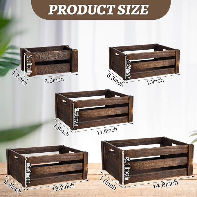 Barydat Set of 5 Wood Crates for Display Decorative Nesting Wooden Crate Storage with Handles Vintage Farmhouse Style Decorative Boxes Multipurpose Fruits Vegetables Boxes(Dusty Brown,Rustic) - Image 3