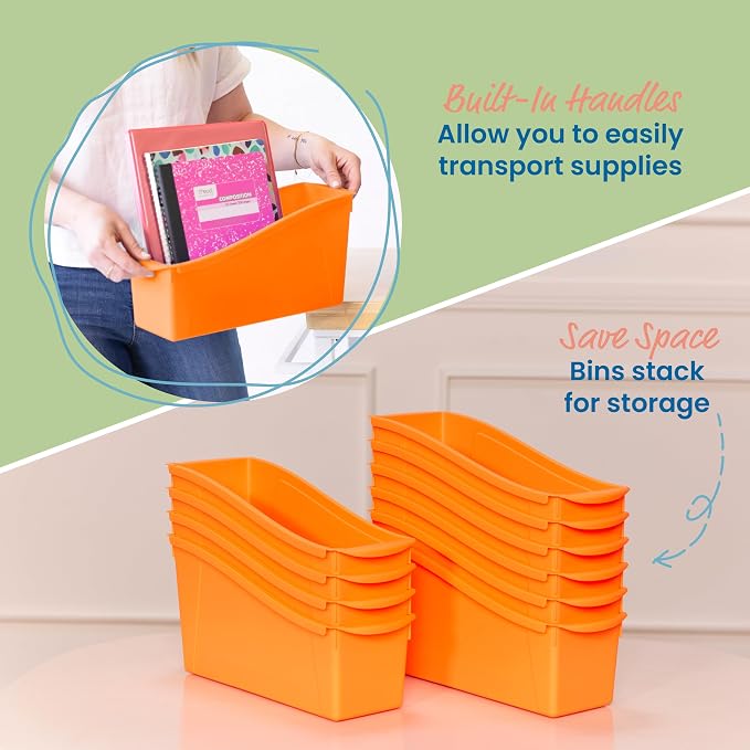 ECR4Kids Linking Storage Book Bins, Interlocking, 10-Piece, Neon Orange | Durable plastic with built-in handles, interlocking, nestable, ideal for books, magazines, and files in a classroom or office - Image 4