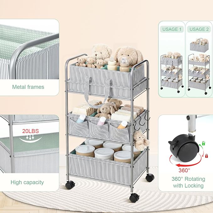 WILLBOND 2 in 1 Baby Diaper Caddy Organizer Cart, 3 Tier Large Stripe Bedside Rolling Cart Metal for Baby Essential with Divider for Newborn Registry Must Have Nursery Bedroom Mother Gift(Green) - Image 3
