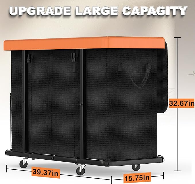 Laundry Basket with Wheels, 300L Leather Patchwork Laundry Sorter 4 Section | Sturdy Metal Frame, Removable Washable Bag, Tall Clothes Sorter for Bedroom - Black - Image 7