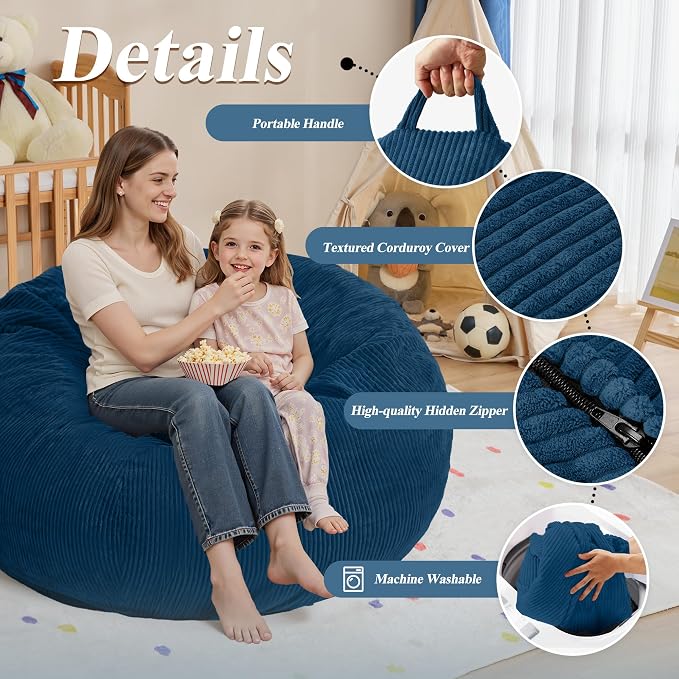 4FT Bean Bag Chair for Adults,Large Teardrop Beanbag with Filler | Beanbag Chair with Memory Foam Filled,Bean Bags with Handy Handle&Machine Washable Cover for Living Room,Bedroom-Dark Blue - Image 5
