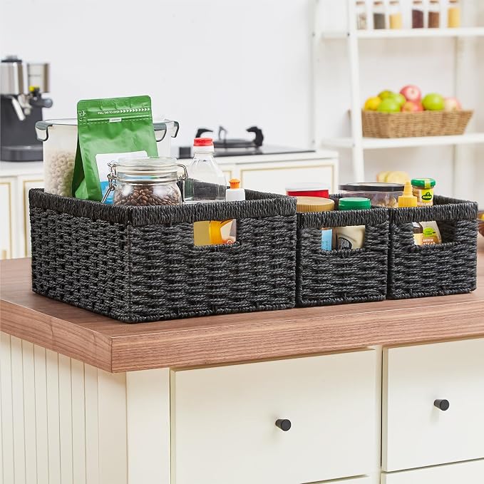 Wicker Storage Basket, Set of 3 Wicker Basket, Hand-Woven Paper Rope Storage Baskets for Organizing, Large Cube Storage Organizer Bins Baskets for Shelves Small Toilet Paper Baskets, Black - Image 7