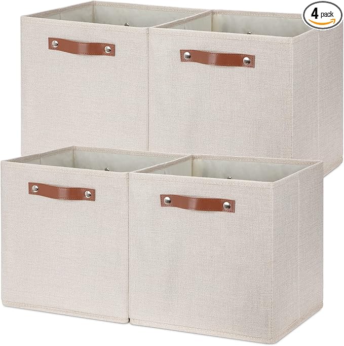 Temary Cube Storage Bins 12 Inch Storage Cubes 4PCs Fabric Organizer Bins Boxes with Handles, Sturdy Collapsible Closet Storage Organizer for Shelf, Bedroom, Cabinet (Beige, 12 x 12 x 12) by TEMARY