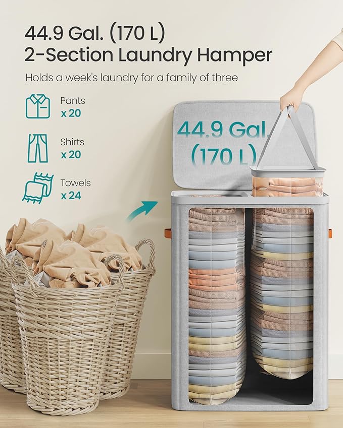 SONGMICS Laundry Basket, 44.9 Gal. Laundry Hamper, 2 Compartments, Easy Assembly, with Lid and Handles, Removable Inner Bags, 22 x 15.7 x 29.5 Inches, Dove Gray ULCB813G01 - Image 4