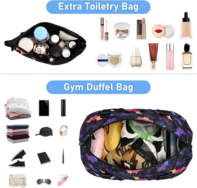 Travel Duffel Tote Bag Gothic Skull Bat Sports Duffel Bag with Wet Pocket Weekender Overnight Bag for Women Men Gym Bag, Carry On Bag Hospital Bag for Labor and Delivery - Image 5