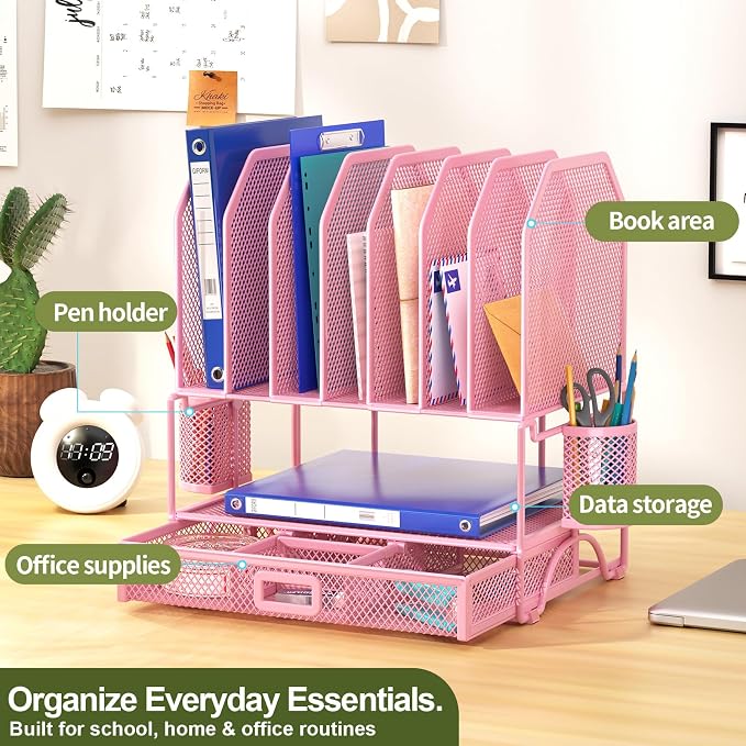 FANXIYQ Metal Desk Organizer with Sliding Drawer, 7-Section File Organizer for Desk, Desktop File Folder & Paper Organizer with 2 Hanging Pen Holders, Office Supplies Organizer, Pink - Image 2