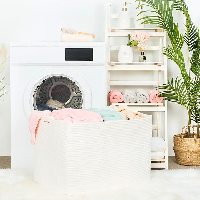 112L Extra Large Blanket Basket Holder Living Room, 25"x17"x16" Rectangle Rope Woven Storage Basket with Handles for Laundry, Towels, Shoes, Dog Toy Organizer Bin Box, Creamy White - Image 3