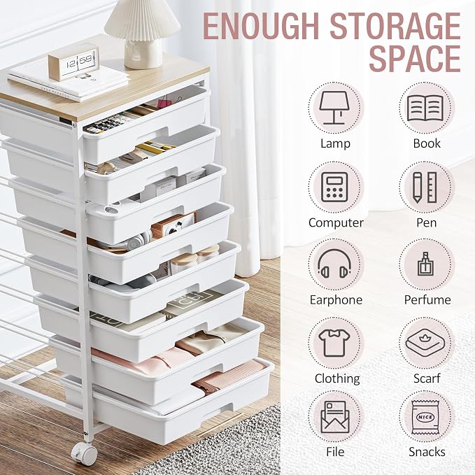 TOOLF Rolling Storage Cart with 8 Drawers,White | Utility Cart on Wheels with Wooden Tabletop,Teacher Organization for Classroom, Art Cart for Office,Bedroom,Craft Room - Image 4