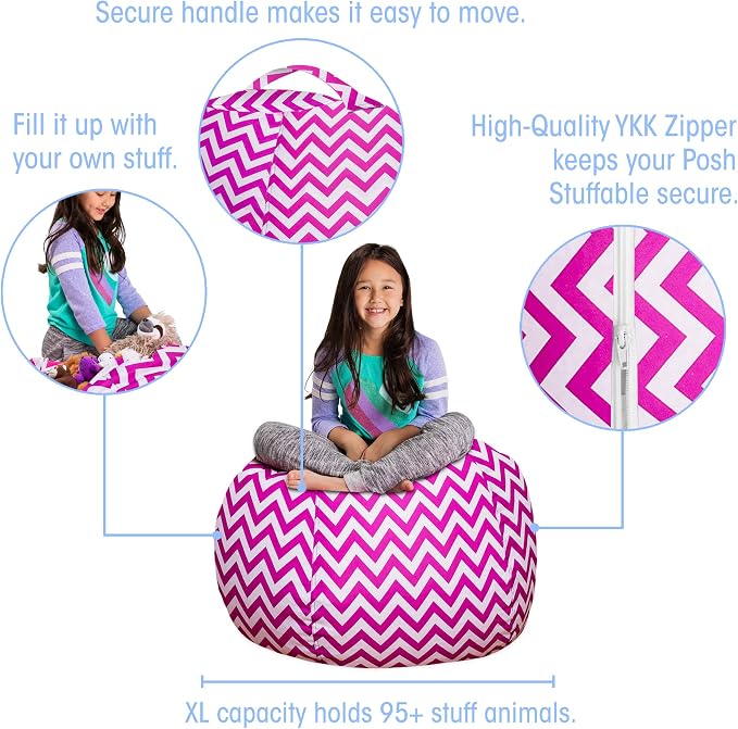 Posh Stuffable Kids Stuffed Animal Storage Bean Bag Chair Cover - Childrens Toy Organizer, Large 38" - Pattern Chevron Purple and White - Image 2