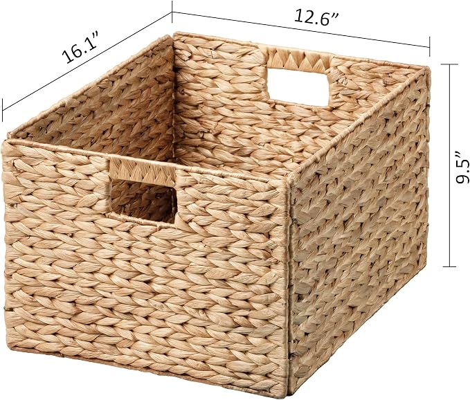 Extra Large Water Hyacinth Wicker Storage Baskets, Set of 4 | Rectangular, 16.1"x12.6"x9.5", Iron Wire Frame, Natural - Image 6