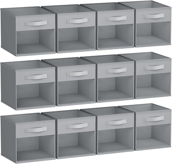 DIMJ Storage Cubes, 12 Pack Cube Storage Bin, Foldable Cube Organizer Storage Bins with Window, Closet Storage Bins with Handle, 11 x 11 inch for Clothes, Toys, Books (Grey) by DiMJ