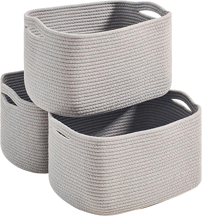 Grey Storage Baskets for Organizing Shelves, Woven Cotton Rope Basket for Storage, Gray Baskets for Toys, Cute Shelf Basket for Living Room Bedroom, 14.8"×11"×9.5", Pack of 3, Grey by Unknown