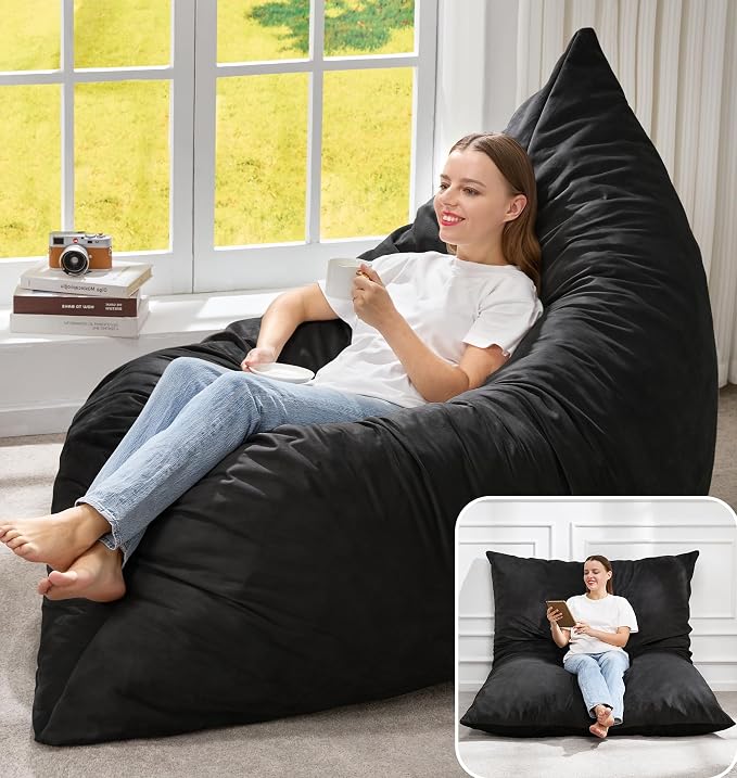 Hobestluk Adult Bean Bag Chair 3 in 1 Convertible Large Bean Bag Sofa | Velvet Black,Machine Washable,Removable Cover,Easy Convert And Install, Oversied Floor Bed,For Livingroom Bedroom by YourHomeDeservesMore
