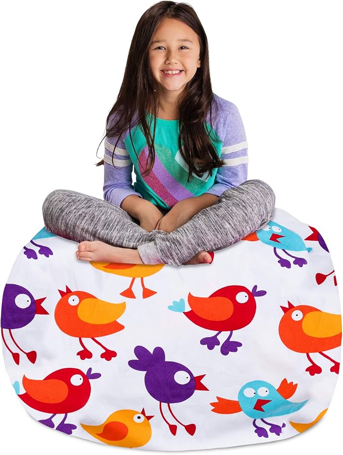 Posh Stuffable Kids Stuffed Animal Storage Bean Bag Chair Cover - Childrens Toy Organizer, Large 38" - Canvas Birds on White by PoshCreations