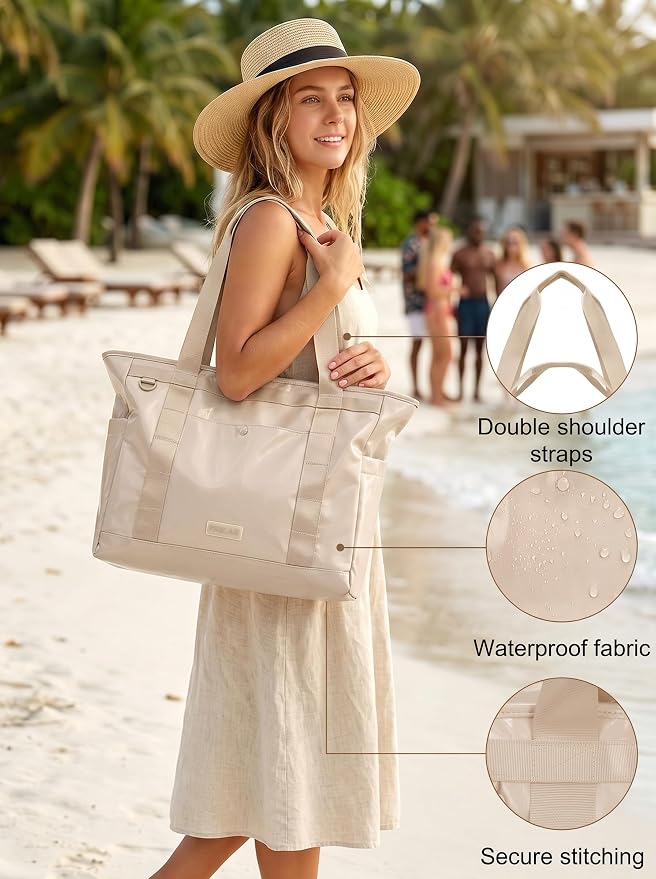FHELAD Extra Large Glossy Tote Bag for Women, Beach Shoulder Bag 25L | Waterproof Sandproof, 15.6" Laptop Compartment, Luggage Strap, Work, Travel - Image 3