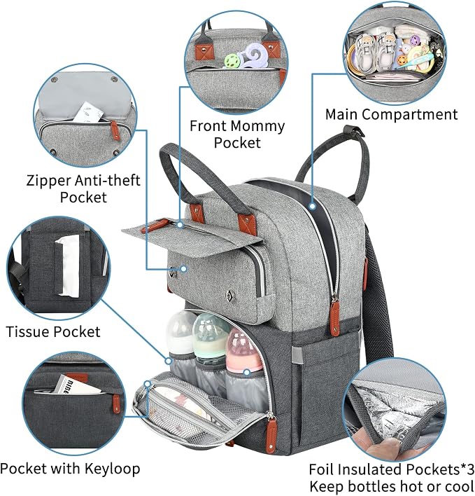 Diaper Bag Backpack, Baby Bag for Boys Girls, Large Diaper Backpack Travel Diaper Bags with Insulated Pockets Baby Registry Search Shower Gifts Newborn Essentials for Mom Dad, Waterproof Grey - Image 3