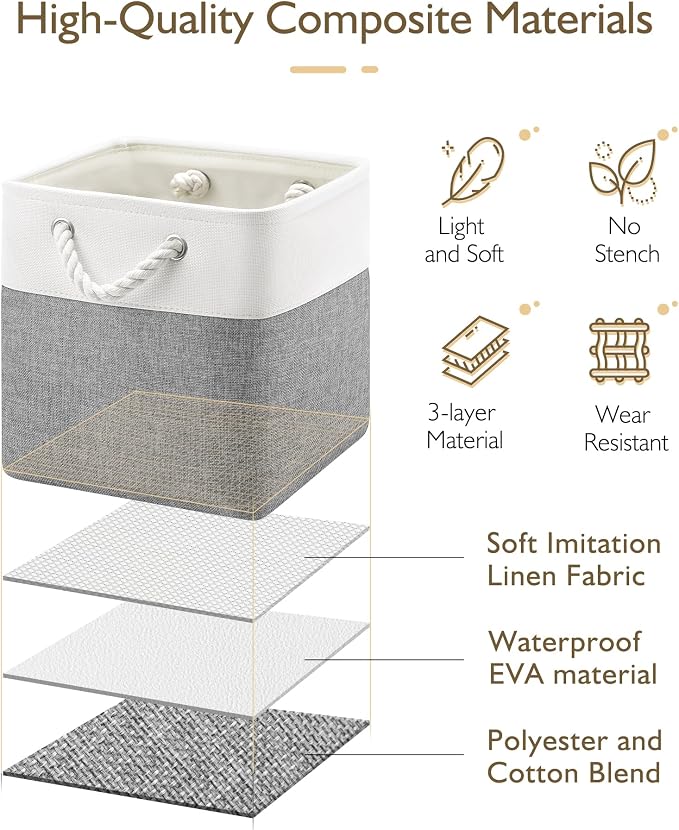 Patvingot 11-Inch Fabric Cube Storage Bins with Handles,4 Pack,Foldable | For cube shelves and closets,keeps grouped for everyday access,reinforced opening and fold-flat storage,white and gray - Image 3