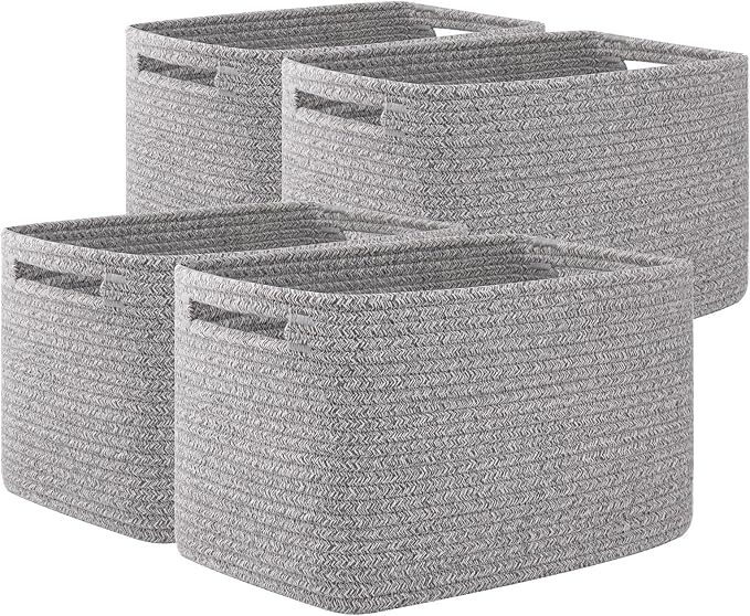OIAHOMY 4 Pack Storage Baskets for Organizing 15L Cube Storage Bins Grey | Woven Baskets for Storage Rectangle Small Baskets With Handles Baskets for Shelves Wicker Baskets for Shelves 12.7x9x7.8inch by MasterofSpaceOptimization