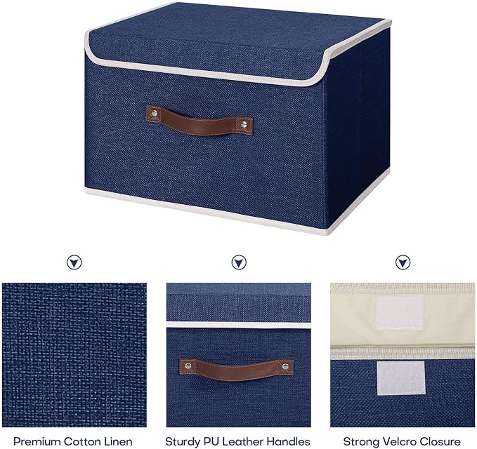 ANMINY Fabric Storage Box Bins with Lids, Blue, 13"x9"x7.9", 4 Pack | Keepsake Memory Storage, Cotton Linen, PP Board Reinforced, Washable, PU Handles, Foldable & Stackable, Decorative, Medium - Image 3
