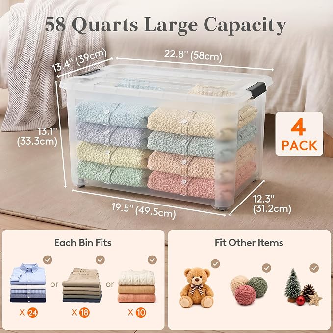Lifewit 58Qt Storage Bins with Lids, Plastic Large Latches Boxes with Wheels, Clear Totes Tubs Container for Closet Organizers and Storage, Bedroom, Clothes, Craft, 4 Pcs - Image 2