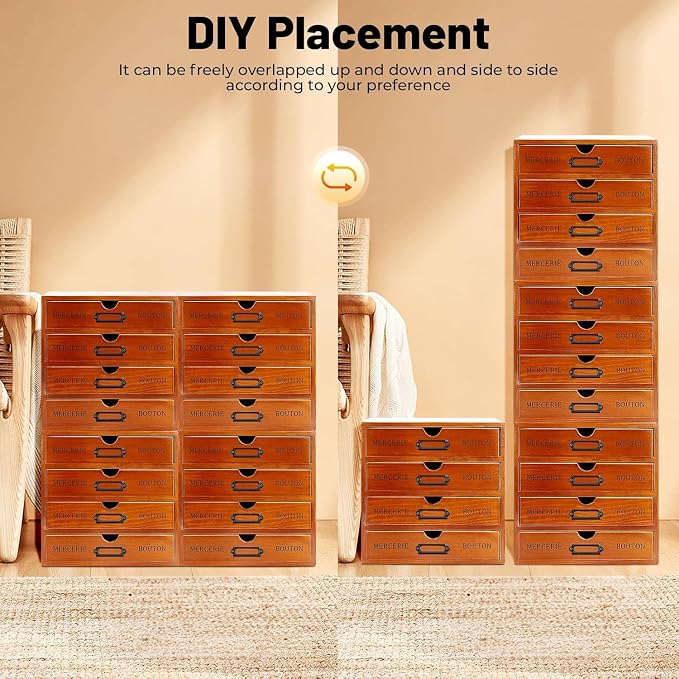 Vintage Wooden Drawer Organizer with 16 Drawers, 4-Tier Stackable Desktop Storage Box for Office, Home, Craft Supplies – Compact Space-Saving Design, Sturdy Pine Wood Construction, Built-In Label - Image 6