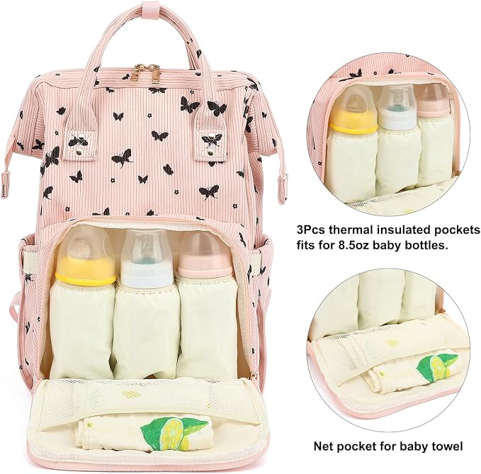 Corduroy Diaper Bag Backpack for Baby Girls Boys, Women Large Nappy Bags for Mom (Pink Corduroy Butterfly) - Image 3