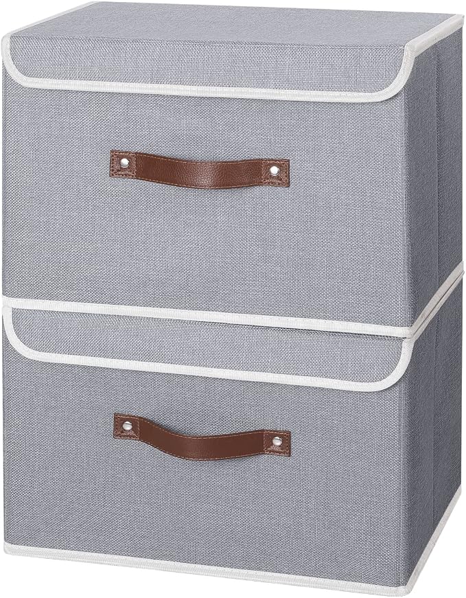 ANMINY Fabric Storage Box Bins with Lids, Gray, 15"x10"x10", 2 Pack | Keepsake Memory Storage, Cotton Linen, PP Board Reinforced, Washable, PU Handles, Foldable & Stackable, Decorative, Large - Image 2