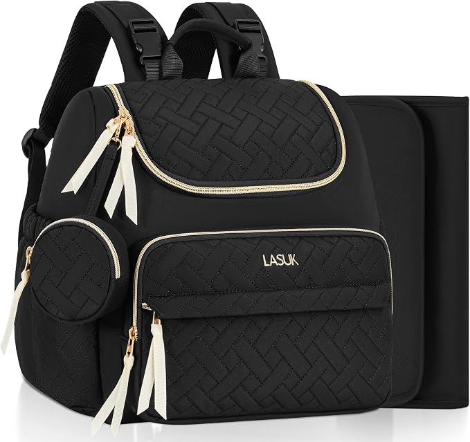 Small Diaper Bag, 22L Stylish Baby Mini Maternity Travel Backpack | with Changing Pad, Pacifier Bag, Stroller Straps Parents Essentials for Outdoor Trip Hospital & Daily Work, Black by LASUK