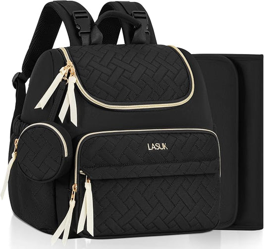 Small Diaper Bag, 22L Stylish Baby Mini Maternity Travel Backpack | with Changing Pad, Pacifier Bag, Stroller Straps Parents Essentials for Outdoor Trip Hospital & Daily Work, Black by LASUK