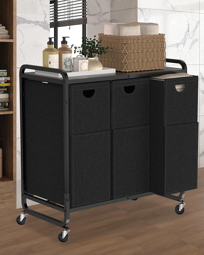 Laundry Sorter 3 Section,Laundry Basket with Wheels,3×15.8 Gal (60L) Black | Laundry Room Organization with Wooden Desktop Shelf,Pull-Out and Removable 900D Oxford Fabric Laundry Bags for Laundry Room - Image 8