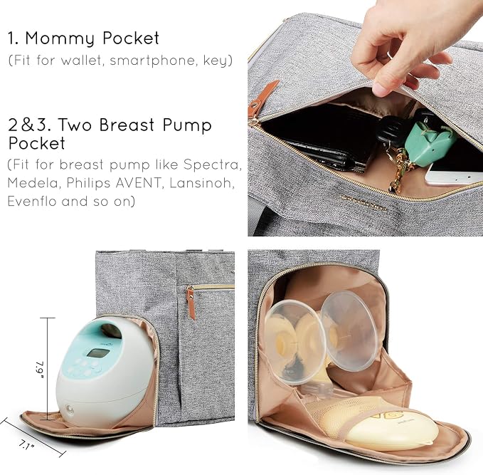 mommore Breast Pump for Spectra S1/S2 & Medela, Diaper Bag Travel Tote | Pumping Tote Bag with Insulated Pockets, Work Bag for Breastfeeding Mom with 15" Laptop Sleeve & Changing Pad - Image 6