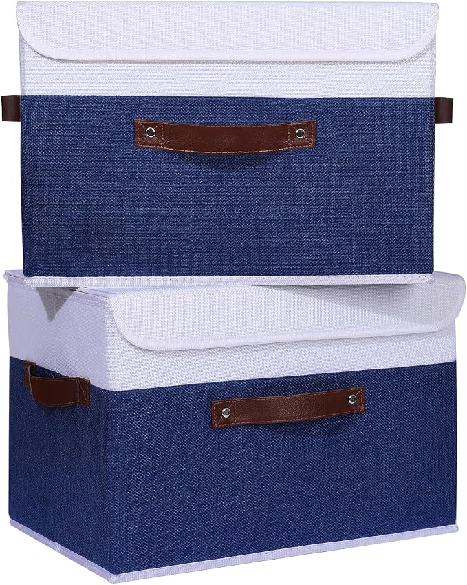ANMINY Fabric Storage Box Bins with Lids, Blue White, 15"x10"x10", 4 Pack | Keepsake Memory Storage, Cotton Linen, PP Board Reinforced, Washable, PU Handles, Foldable & Stackable, Decorative, Large - Image 2