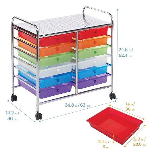 ECR4Kids 12-Drawer Value Mobile Storage Utility Cart, Assorted | Durable plastic bins, steel frame, GREENGUARD Gold Certified, 50 lb capacity, rolling casters, craft supplies, office, home - Image 3
