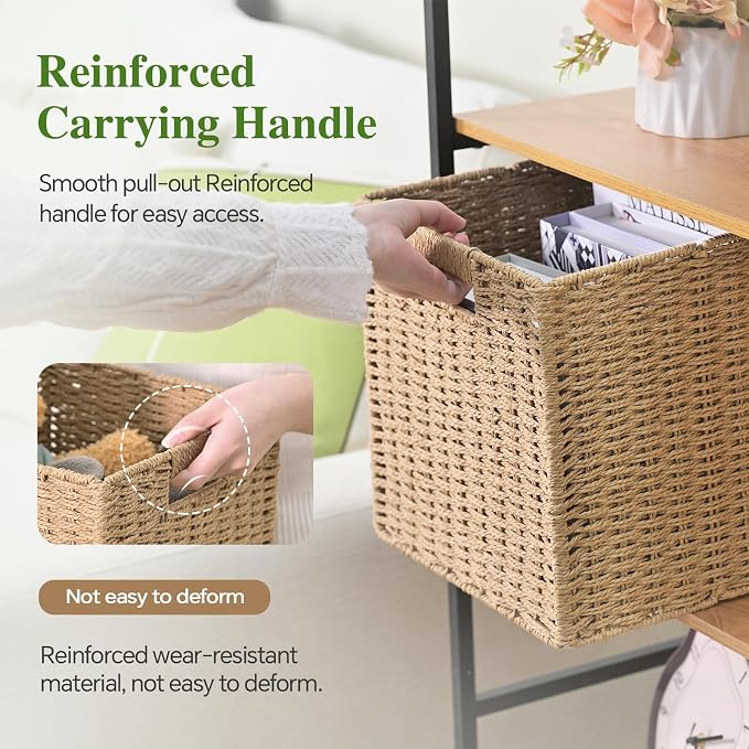 Patvingot 11-Inch Paper Rope Wicker Basket with Built-In Handles,2 Pack | For books, throws and accessories on open shelves, decorative woven texture, metal frame supports the shape, folds flat - Image 3