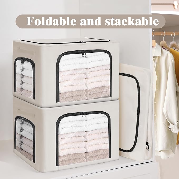 GuliPostan 3 Pack 40L Stackable Clothes Storage Bins with Metal Frame Handles & Zipper, Collapsible Closet Organizer Box with Lid for Bedding Blankets Towel (Beige) - Image 2