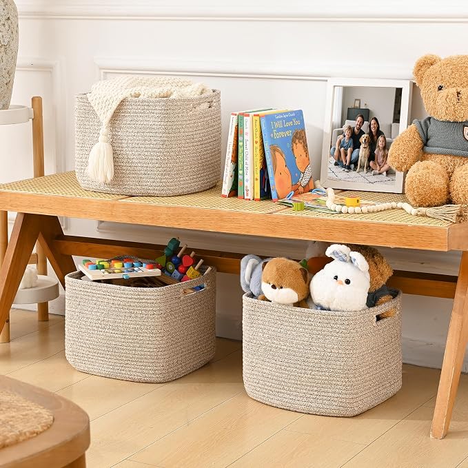 3 Pack Cube Storage Bin, 12”x12”x10” Cotton Rope Woven Baskets for Organizing Toys Clothes Towels, Square Gift Storage Baskets for Shelves, Nursery, Closet, Bathroom, Pantry (Jute) - Image 3
