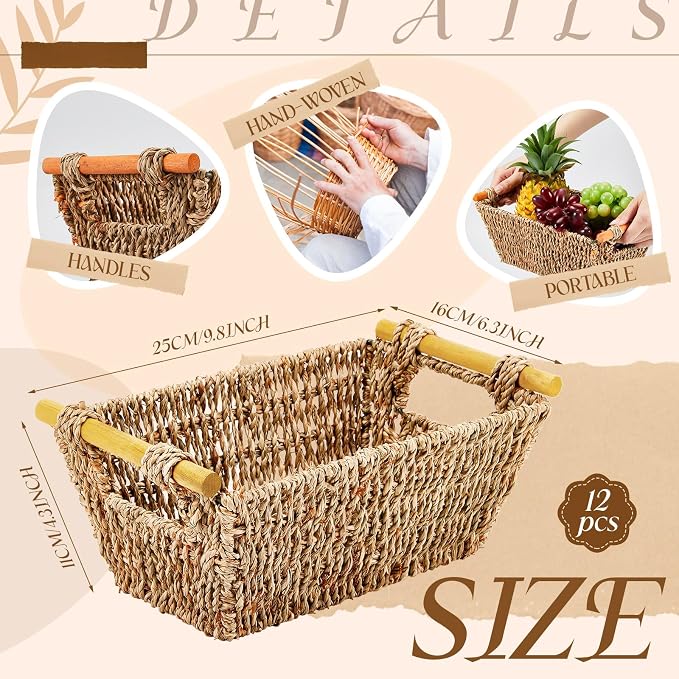 Marsui 12 Pcs Small Hand Woven Wicker Baskets with Wooden Handles, Seagrass Rattan Storage Baskets Bin Organizer Shelf Pantry for Bathroom Storage Towel Kitchen Washroom Gifts Decor, 9" x 6" x 4" - Image 3