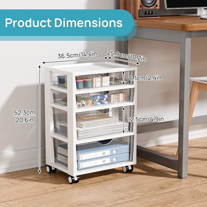 Vtopmart 4-Tier Plastic Drawer Storage Rolling Cart with Wheels | Clear Drawers, Multiple Size Storage, Visible Organization, Sturdy Design, Under Desk, Office, Makeup, Crafts & Art Storage - Image 2