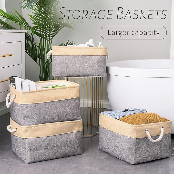 Organization and Storage Basket for Organizing - Large 4 Pack 16x12x8 inch Collapsible Baskets for Shelves Fabric Storage Cube, Storage Bins for Laundry Cloth Books Gift (Gold & Grey) - Image 2