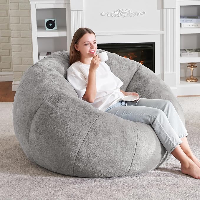 Hobestluk Large Beanbag Chairs for Adults Donut-Shaped Plush Sofa Couch | Grey, Oversized Bean Bag Chair with Faux Fur Cover Foam Filling Cozy Lounger for Bedroom Living Room Reading - Image 4