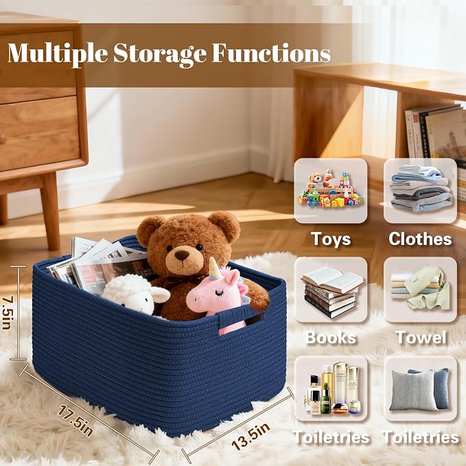 3 Pack Large Storage Basket for Organizing, 17.5"x13"x7" Woven Basket for Shelves, Closet Cube Storage Bins with Wrapped Handle, Cotton Rope Baskets for Kitchen, Clothes, Toys(Navy Blue) - Image 2