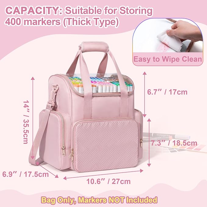Rexmica Double Layer Marker Organizer Bag for 400 Markers, Pink | Inner Dividers, Shoulder Strap, Large Marker Storage Case for Art Marker/Coloring Book/Painting Supplies, Patented Design - Image 5