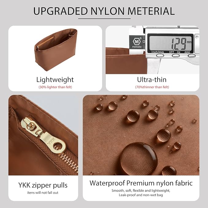 Tote Bag Organizer Insert with Laptop Sleeve for Lv Neverfull MM | Nylon Neverfull MM Organizer, 6 Compartments Storage, Zipper Pocket, Bottle Holder, Fits 13 Inch Laptop, Bag Protector, Brown - Image 7