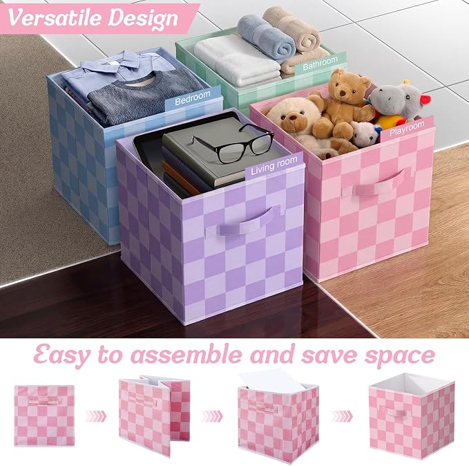 Potchen 6 Pcs Fabric Cube Storage 11'' Colorful Checked Bins,Bright Style | Collapsible Cubes with Handles for Closet Shelves Nursery, Classroom Decor, Plaid Organizer Baskets, Back to School Supplies - Image 4
