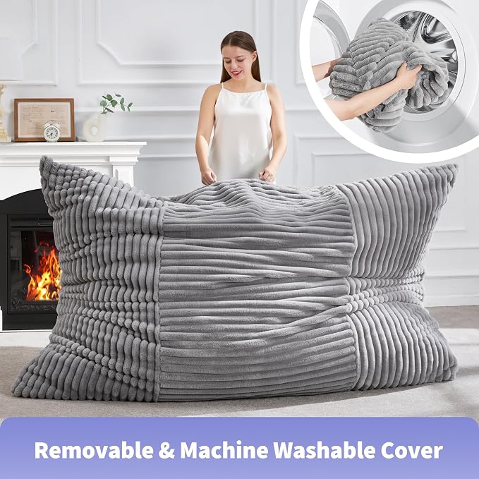 Hobestluk Adult Bean Bag Chair 3 in 1 Convertible Large Bean Bag Sofa | Striped Grey,Machine Washable,Removable Cover,Easy Convert And Install, Oversied Floor Bed,For Livingroom Bedroom - Image 8