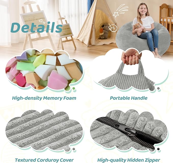 2FT Bean Bag Chair: 2' Small Bean Bags with Memory Foam Filled | Beanbag Chairs with Handle,Teardrop Bean Bag Sofa with Corduroy Machine Washable Cover for Living Room,Bedroom-Light Grey - Image 6