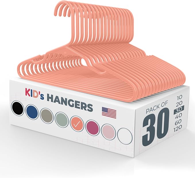 Plastic 12” Kids Hangers 30 Pack – Made in the USA – 5lb Capacity Baby & Toddler Clothes Hangers with Notches & Reinforced Edges – Fits Children’s Sizes Up to 8 – Peach by NeatiesHangers
