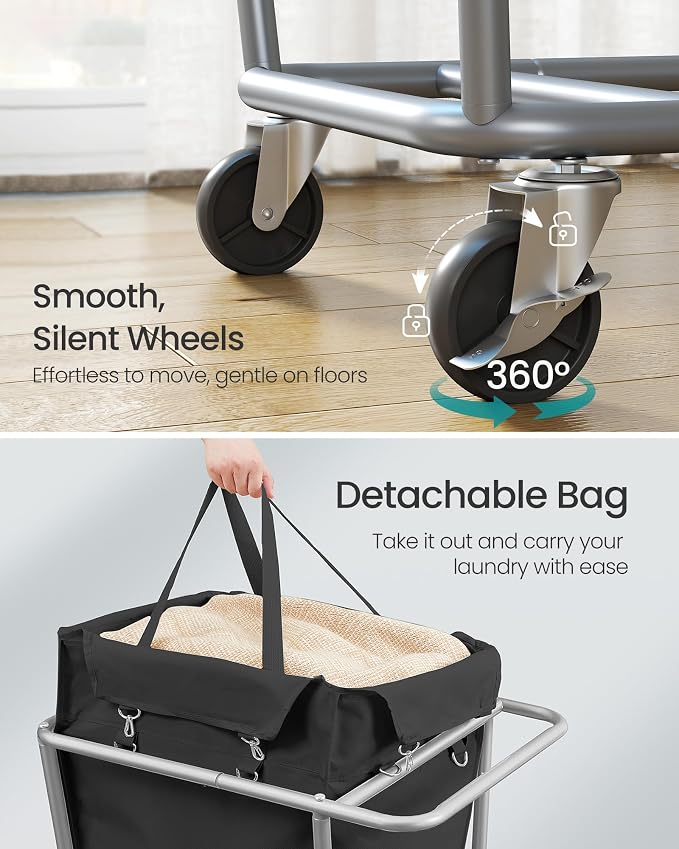 SONGMICS Laundry Basket with Wheels, 34.3 Gallons (130 L) Rolling Laundry Hamper with Removable Bag, Heavy-Duty Steel Frame, Ink Black URLS008B01 - Image 5